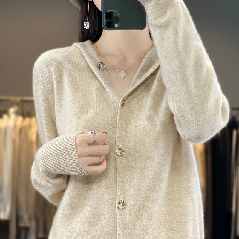 

00% Pure Cashmere Sweater Women 23 New Autumn and Winter Long Sleeve Loose Solid Color Hooded Cardigan Cashmere Knit Coat Sweate