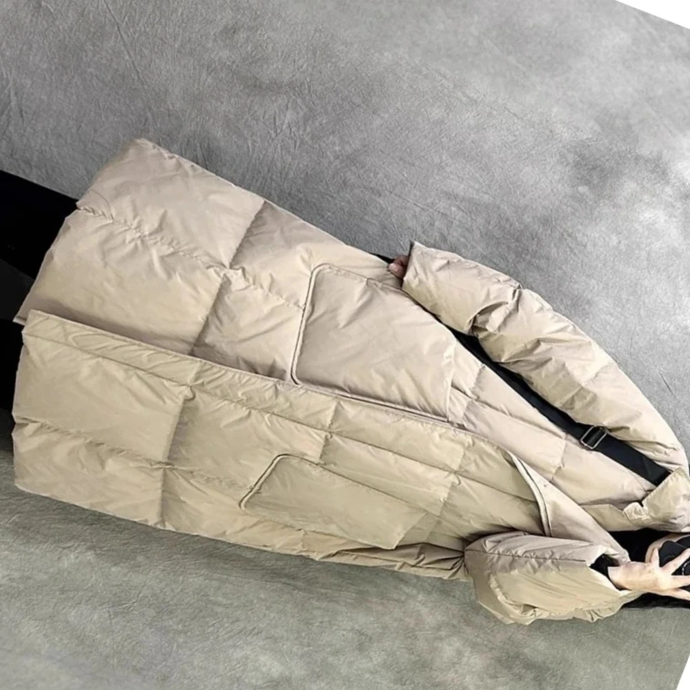 

Зимнее теплое пальто-тренч оверсайз из пуха белого утиного пуха для женщин, с утепленными карманами, толстое, свободное, пуховое, верхняя одежда