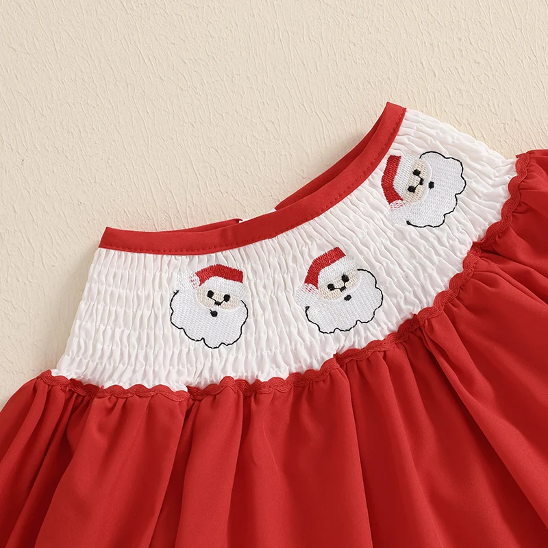 Little Girl Christmas Dress Shirred Santa Claus Embroidery Round Neck Ruffle Sleeve Dress For Daily School Party 6 M-4 T