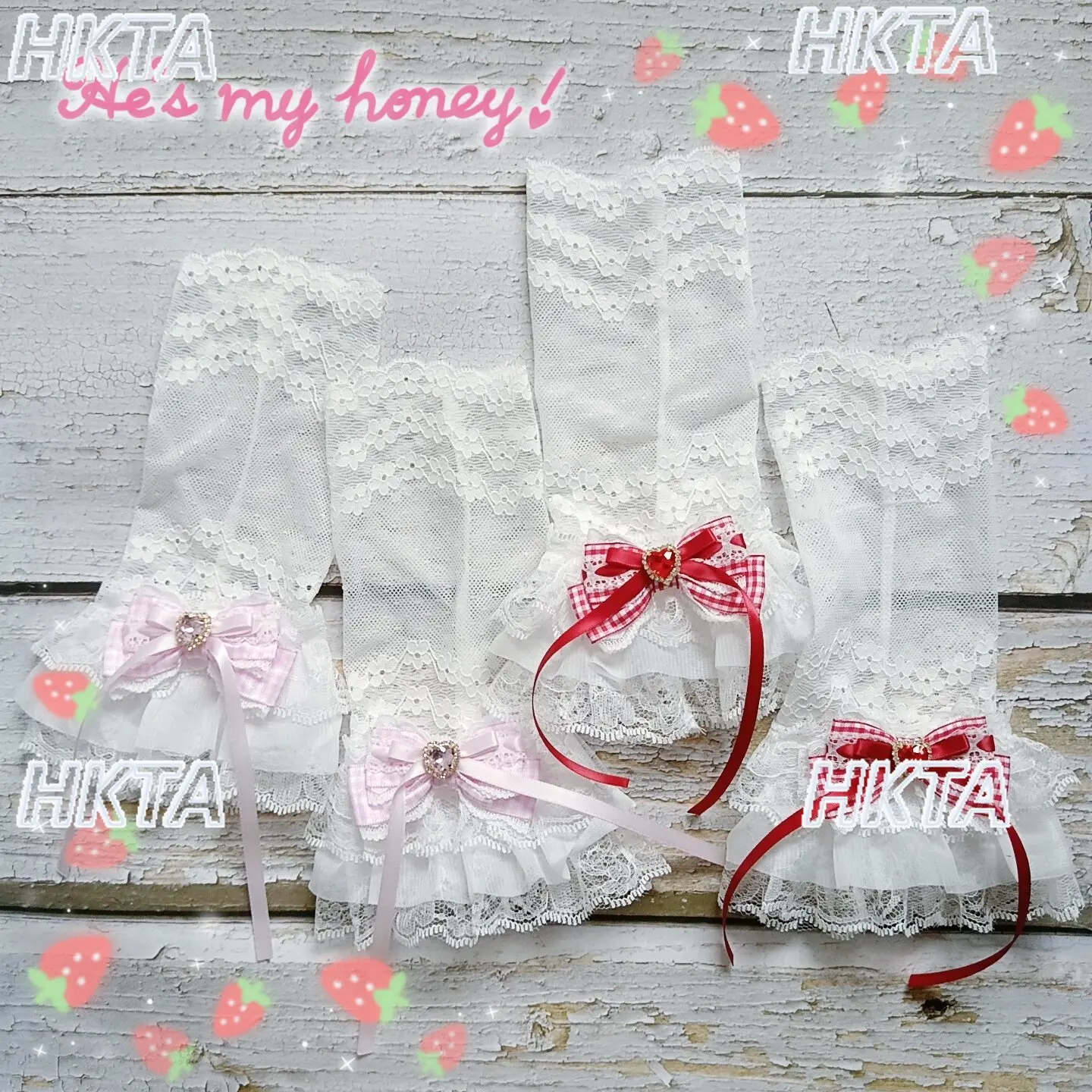 Handmade Japanese Sweet Jirai Kei Style Lace Sleeves Lace Plaid Bows Lolita Sleeve Fake Sleeves Arm Warmer Oversleeve Women