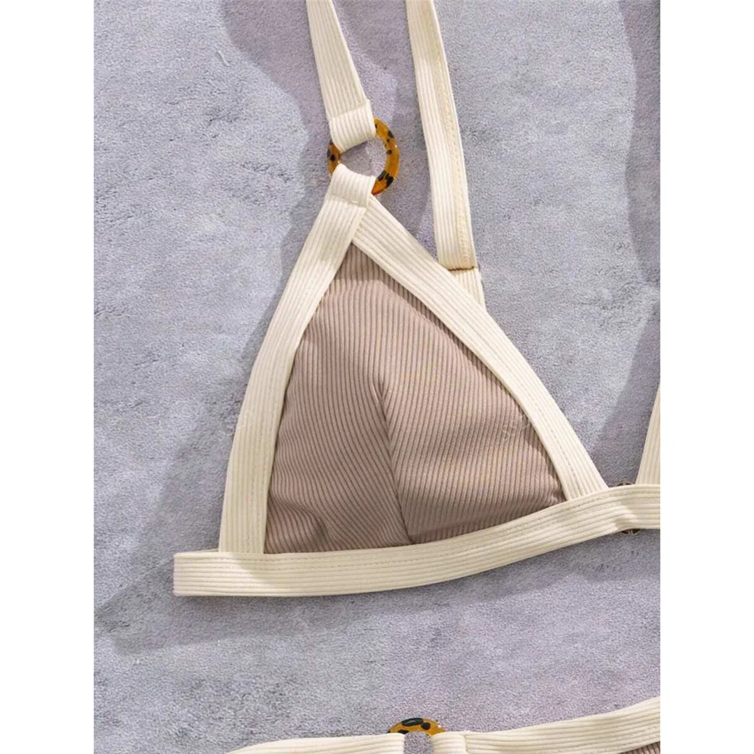Gestreifter Bikini mit Riemchen, Damen-Badebekleidung, zweiteiliger Bikini-Set, hoch geschnittene Beine, gepolsterter Badeanzug, Badebekleidung, Schwimmbekleidung V7694 – Detail 5