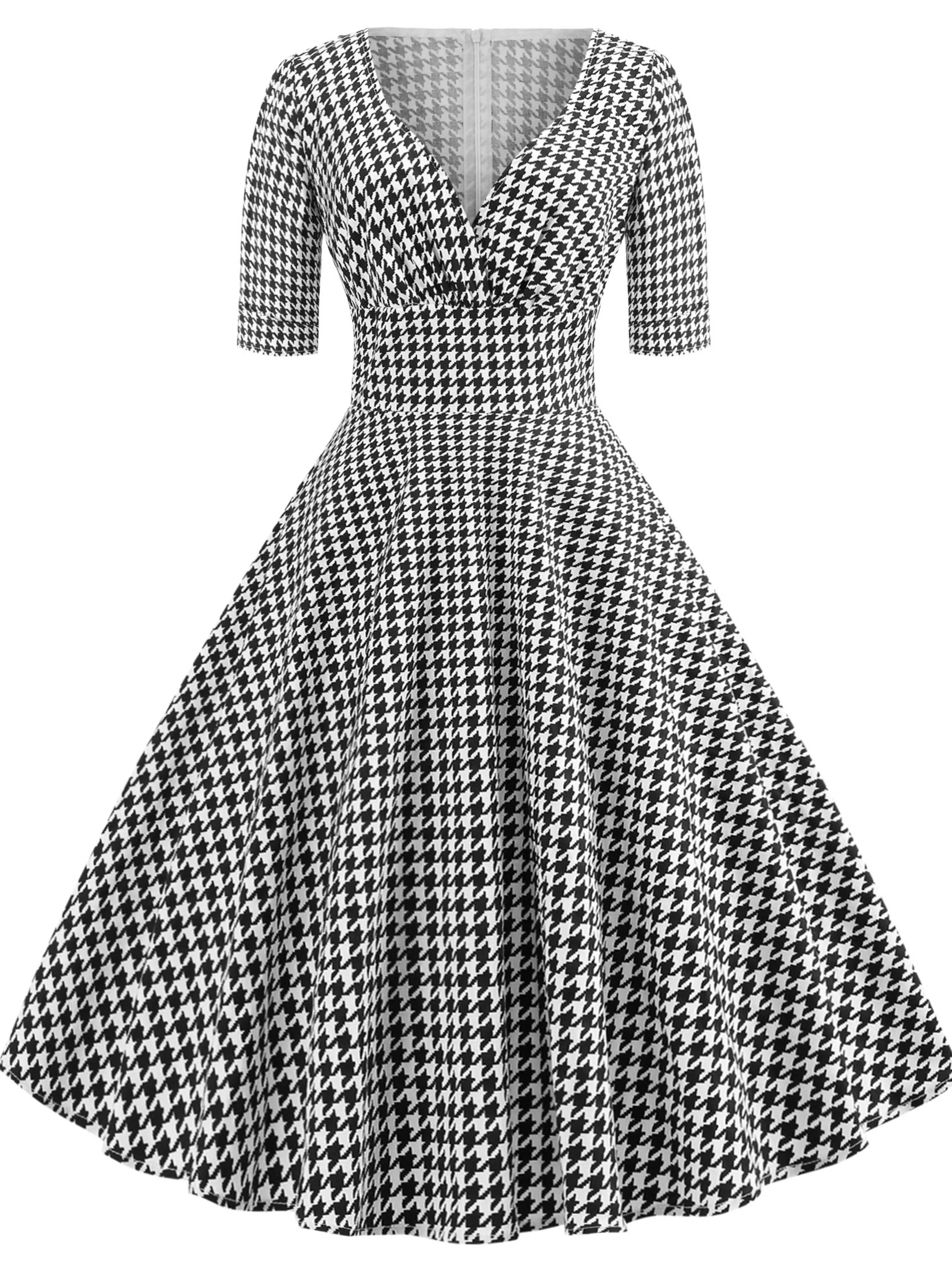 Elegant Vintage-Inspired Houndstooth Print Dress with V-Neck and Half Sleeves - Cotton Blend, Machine Washable