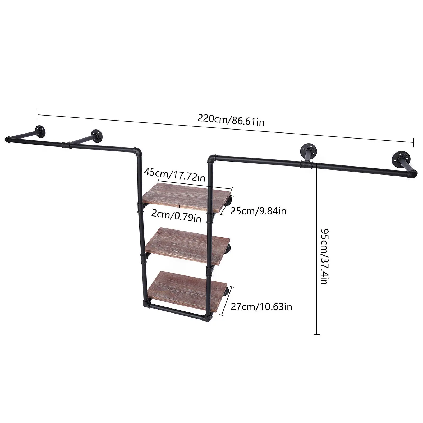 Industrial Industrial Pipe Clothing Rack Display Wall Mount Garment Hanging Rack