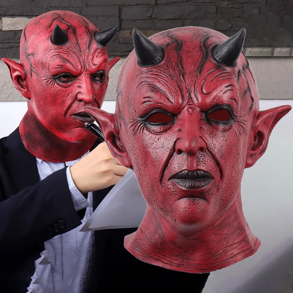 

Red Demon Horn Mephistopheles Mask Cosplay Devil Skull Killer Latex Helmet Halloween Carnival Purim Party Costume Props Gifts