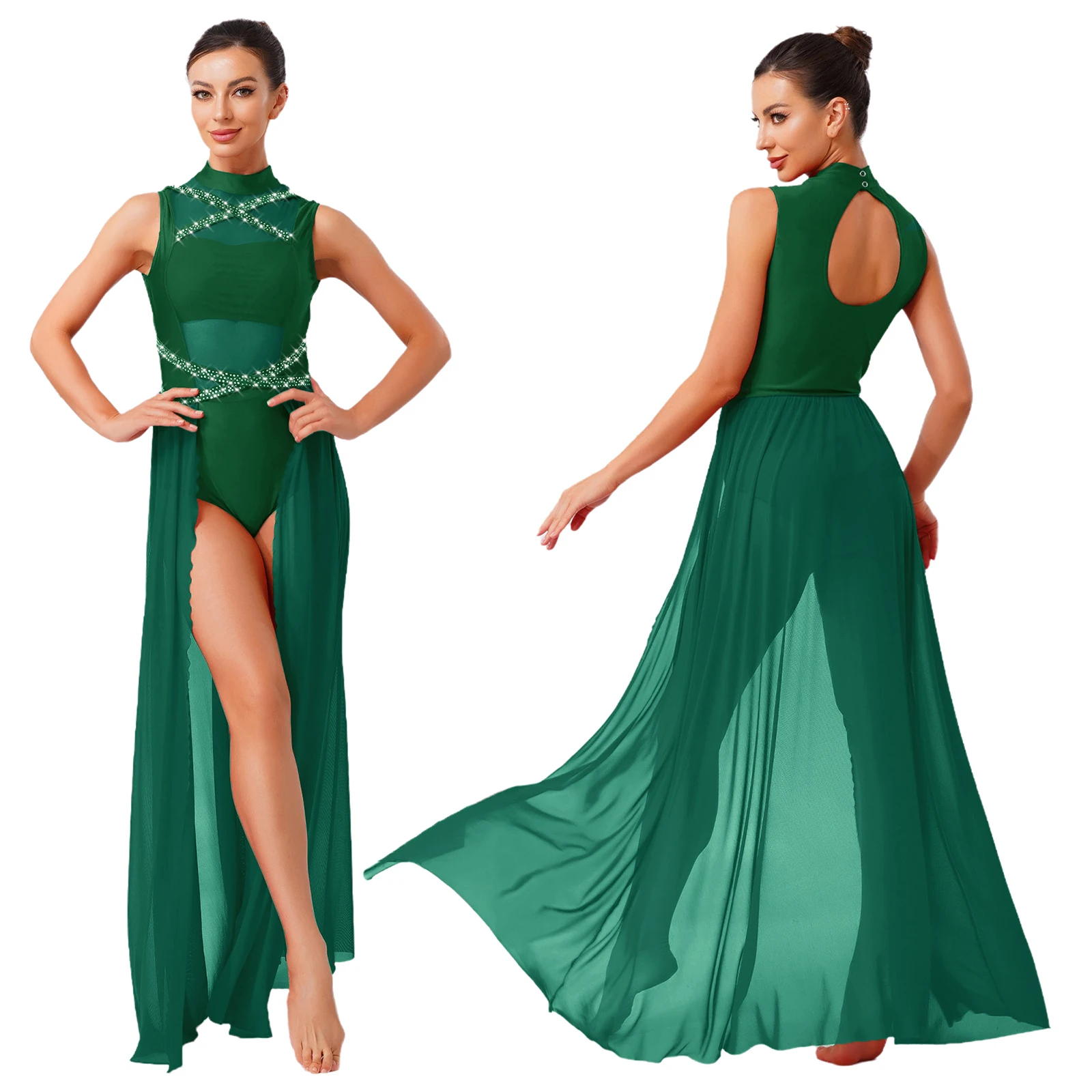 

Women Leotards Dance Ballet Modern Mesh Maxi Dress Sleeveless Rhinestones Flowy Split Dance Dress for Stage Performance Dancing