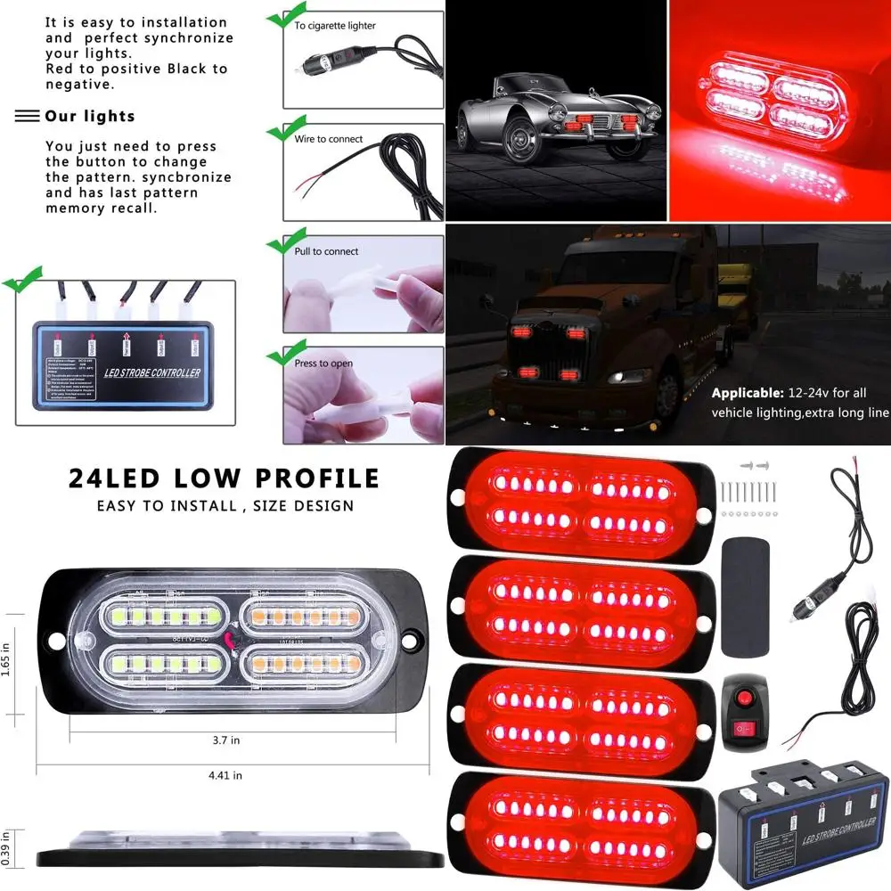 

Ультратонкие 24 светодиодные стробоскопы для грузовых автомобилей, внедорожников и транспортных средств с 4 аварийными сигнальными огнями, функцией синхронизации и основным управлением.