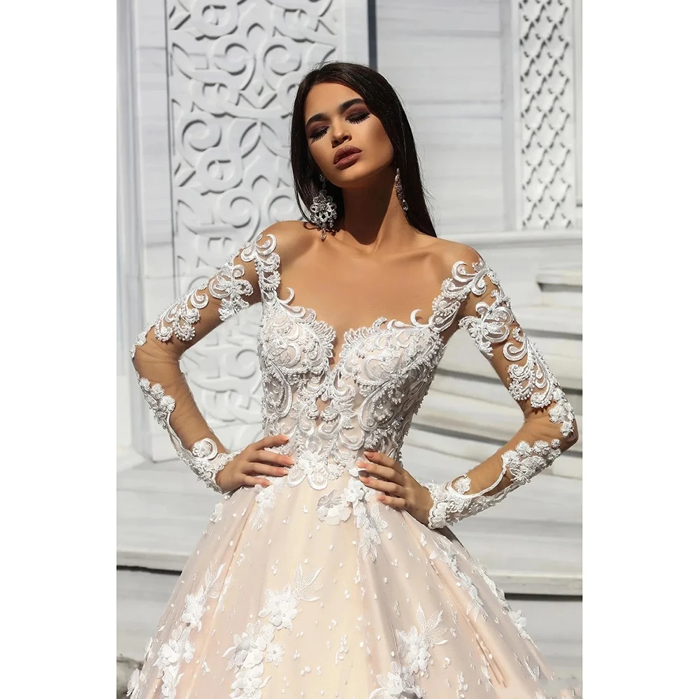 

Romantic Princess Wedding Dresses Elegant Tulle O Neck Lace Applique Beading Illusion Long Sleeve Bridal Gowns Vestidos De Novia