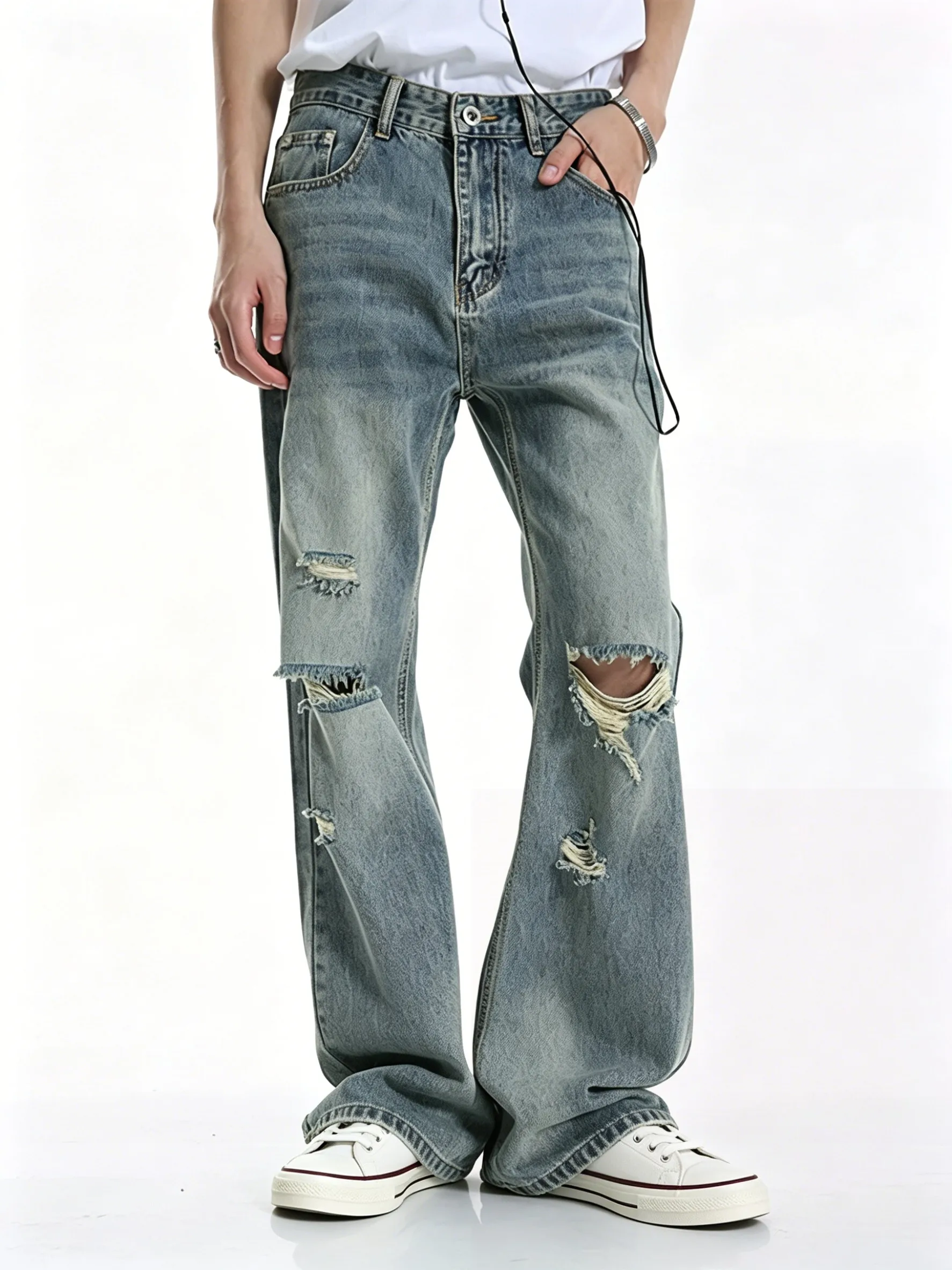 【HME】Men's Jeans | Vintage Light‑Blue Washed Denim Pants, Men Flare Wide‑Leg Denim Jeans With Multi‑Big Ripped Frayed Holes, Elastic Back Waist Relaxed Fit Denim Trousers, Distressed Denim Bottoms For Men Retro Street Daily Outfits