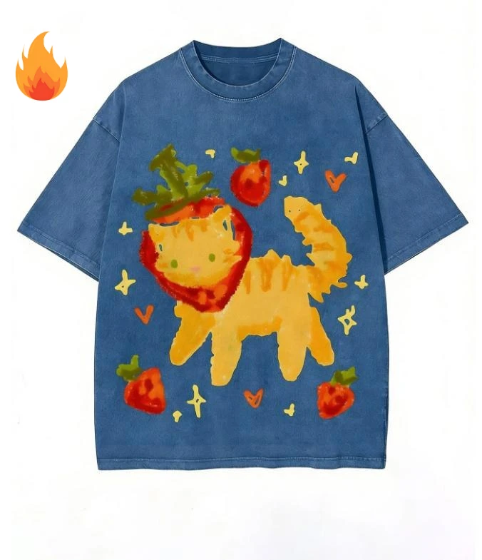 Vintage Washed Cotton T Shirt Men Strawberry Cat Graphic Tees Summer Heavyweight Short Sleeve Harajuku Streetwear Tops Loose Fit