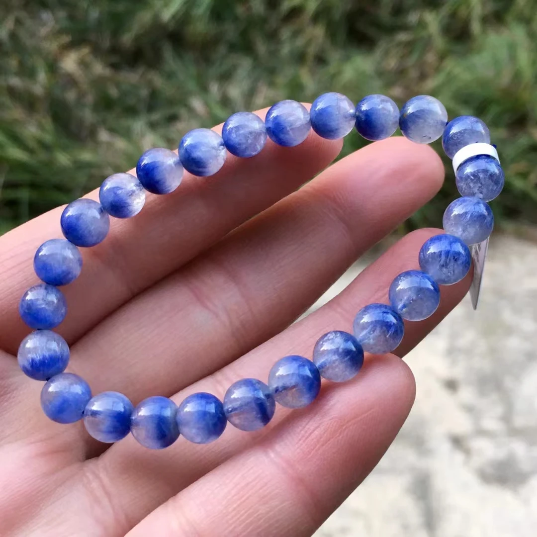 Natural Blue Dumortierite Rutilated Quartz 7.3mm Clear Beads Bracelet Blue Rutilated Cat Eye Clear Round Beads Stone AAAAAAA