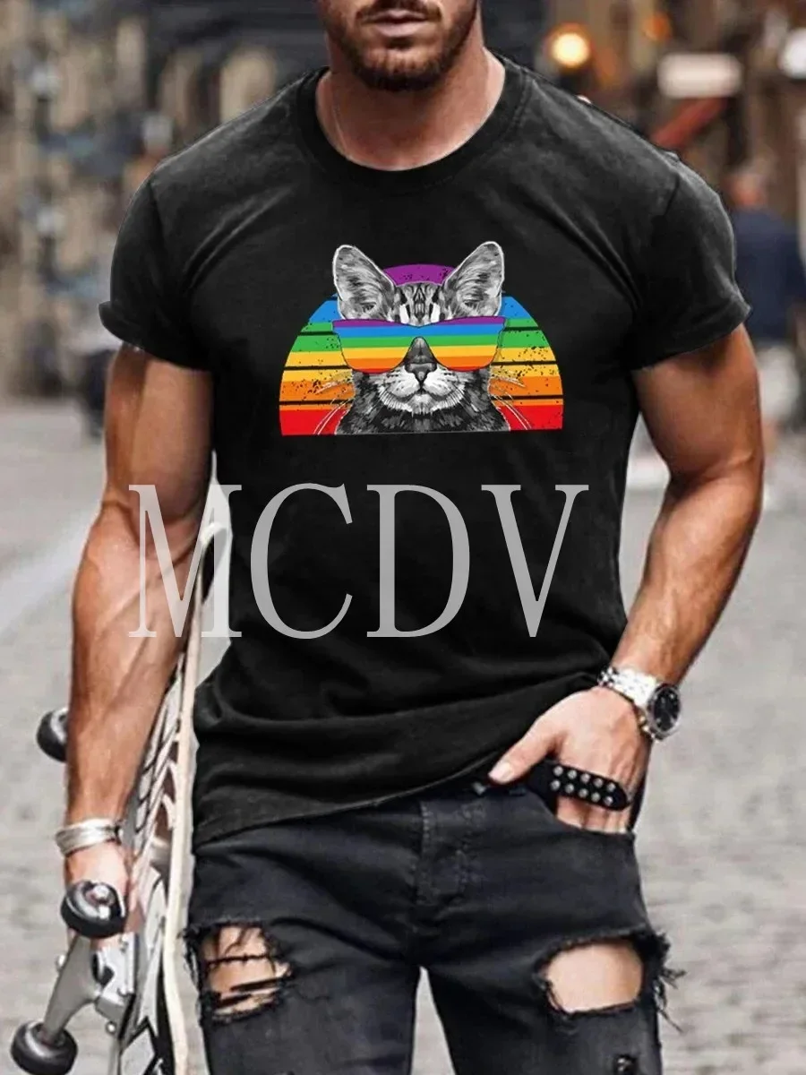 

2023 Summer Men's Printed Casual Crew Neck Short Sleeve T-Shirt Rainbow Gradient Cat 3D Printed T Shirt