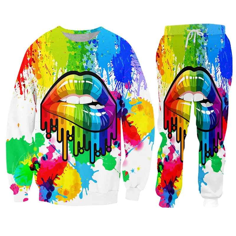 Jacket Pants 2-piece Set Colorful Mouth Design Autumn Winter Men Zipper Suit Sportswear Sportswear  Men Hoodie Suit Men Street