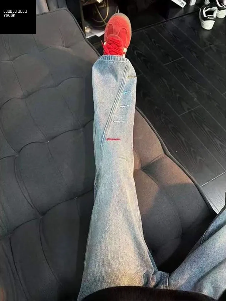

Retro Blue Slanted Cut Embroidered Jeans Men's Winter American High Street Vibe Loose Straight Loose Knife Flared Pants