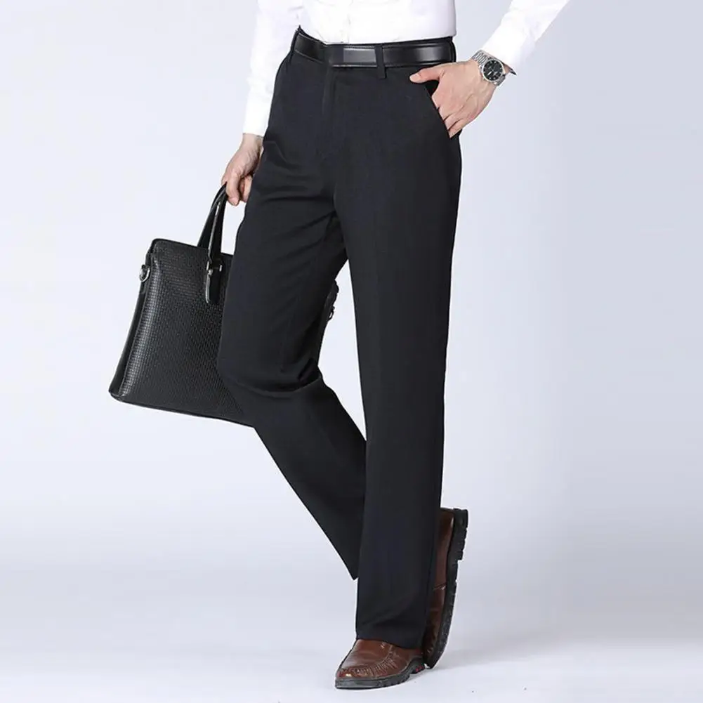 Men Suit Pants High Waist Zipper Button Fly Pockets Pants Solid Color 3D Cutting Casual Pants Straight Fit Casual Business Pants