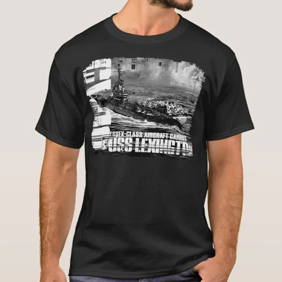 WWII USS Essex-class Lexington CV-16 Aircraft Carrier T-Shirt 100% Cotton O-Neck Short Sleeve Casual Mens T-shirt Size S-3XL