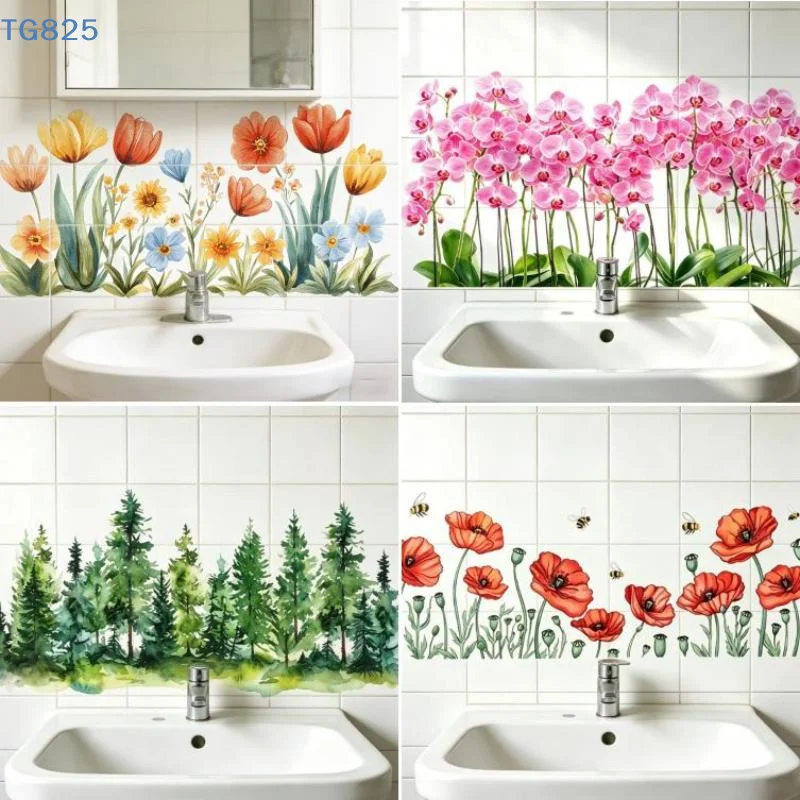 Fresh Floral Pattern Sink Area Background Wall Sticker Bathroom Wall Decoration Self-Adhesive Removable Waterproof Creative Stic
