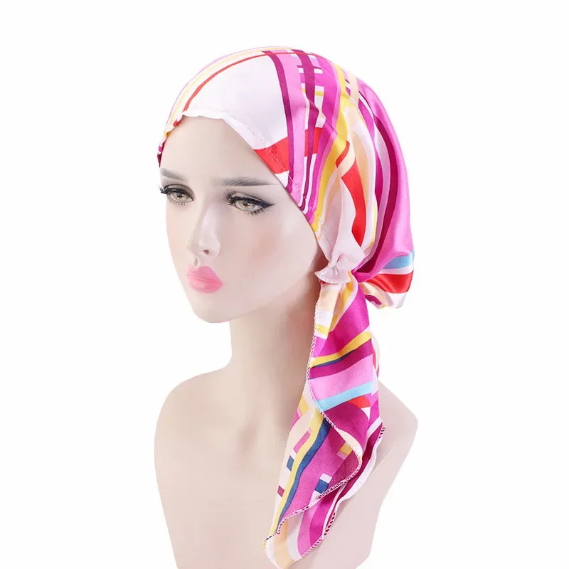 

Satin Pre-Tied Chemo Cap Women Print Head Scarf Wrap Muslim Hijab Turban Headscarf Beanies Bonnet Hair Loss Cover Headband New