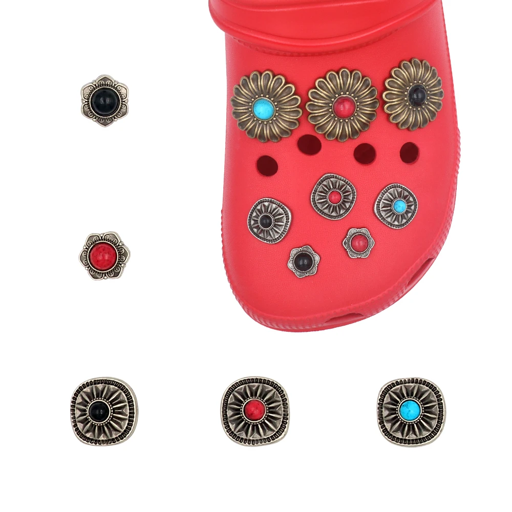 Shoe Крокросы Decorations Charm Pines Simulated Turquoise Round Detachable Halloween Metal Sandals Accessories Gift 1 Set 14 Pcs