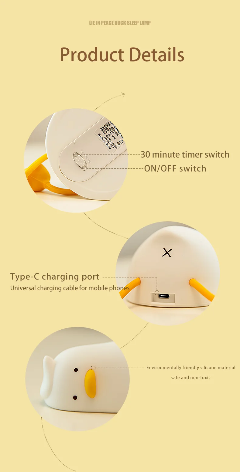Duck Rechargeable LED Night Light Pat Silicone Lamp Bedside Cartoon Cute Children Nightlights for Home Room Decor Birthday Gift