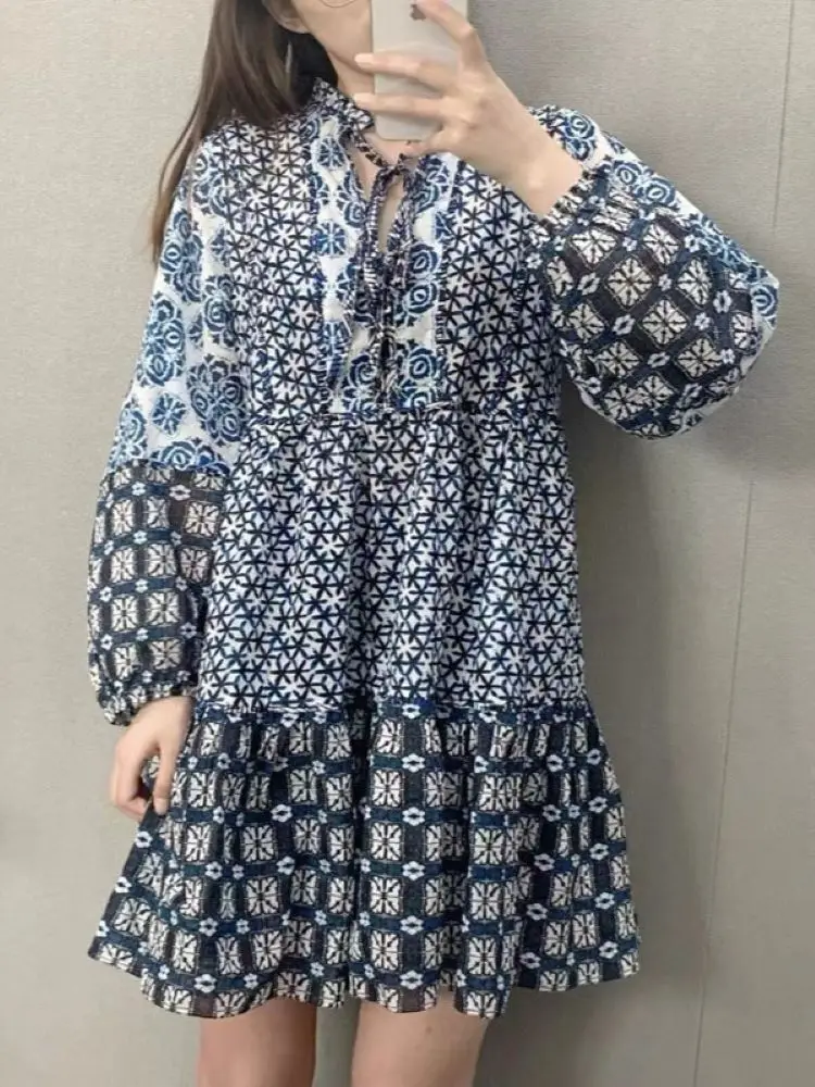 

Women Blue Floral Print Dress Lace-up V-Neck Long Sleeve Ruffles Vintage Mini Robe