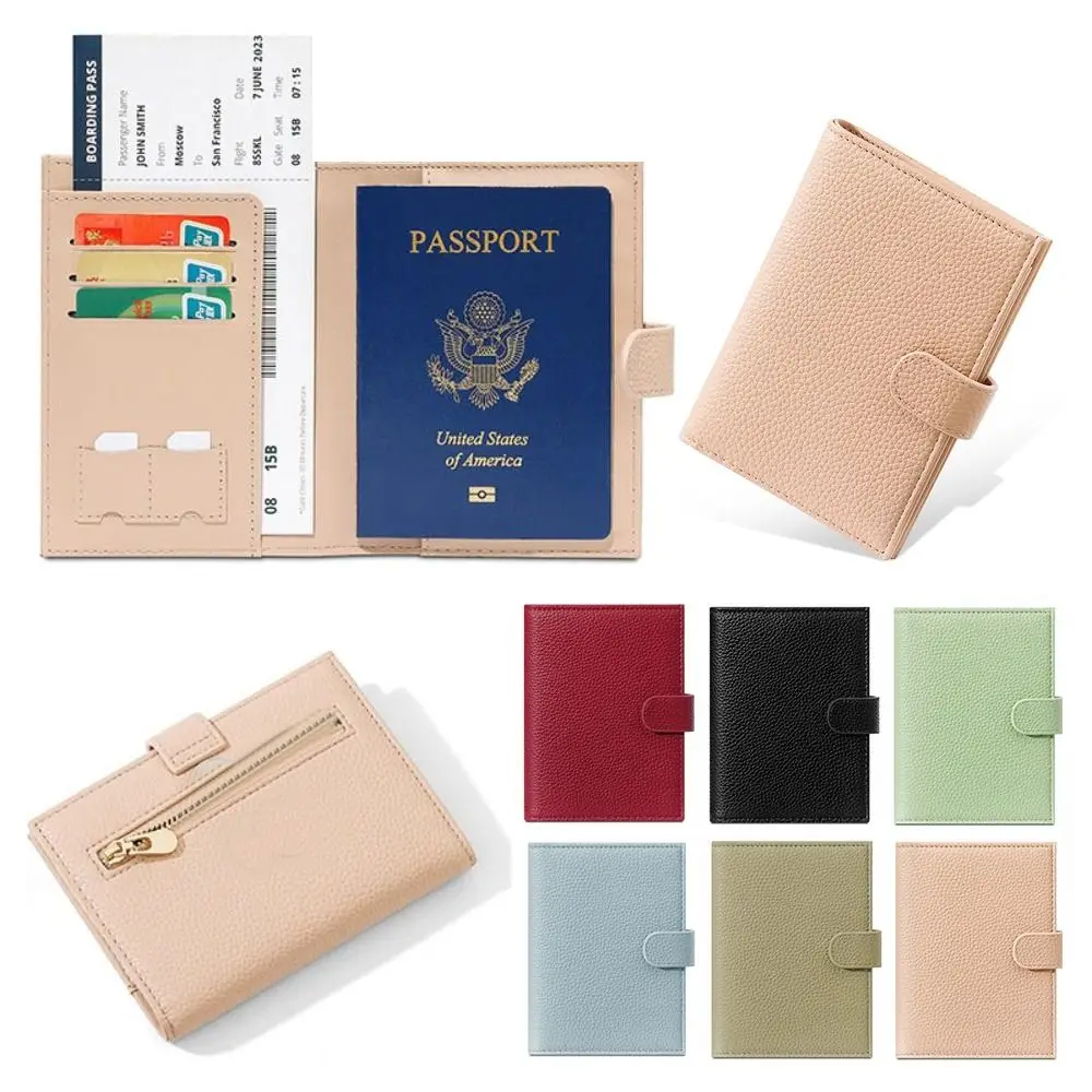 RFID Antimagnetic PU Leather Passport Cover Zipper Pocket Airplane Check-in Passport Ticket Holder Travel Credit ID Card