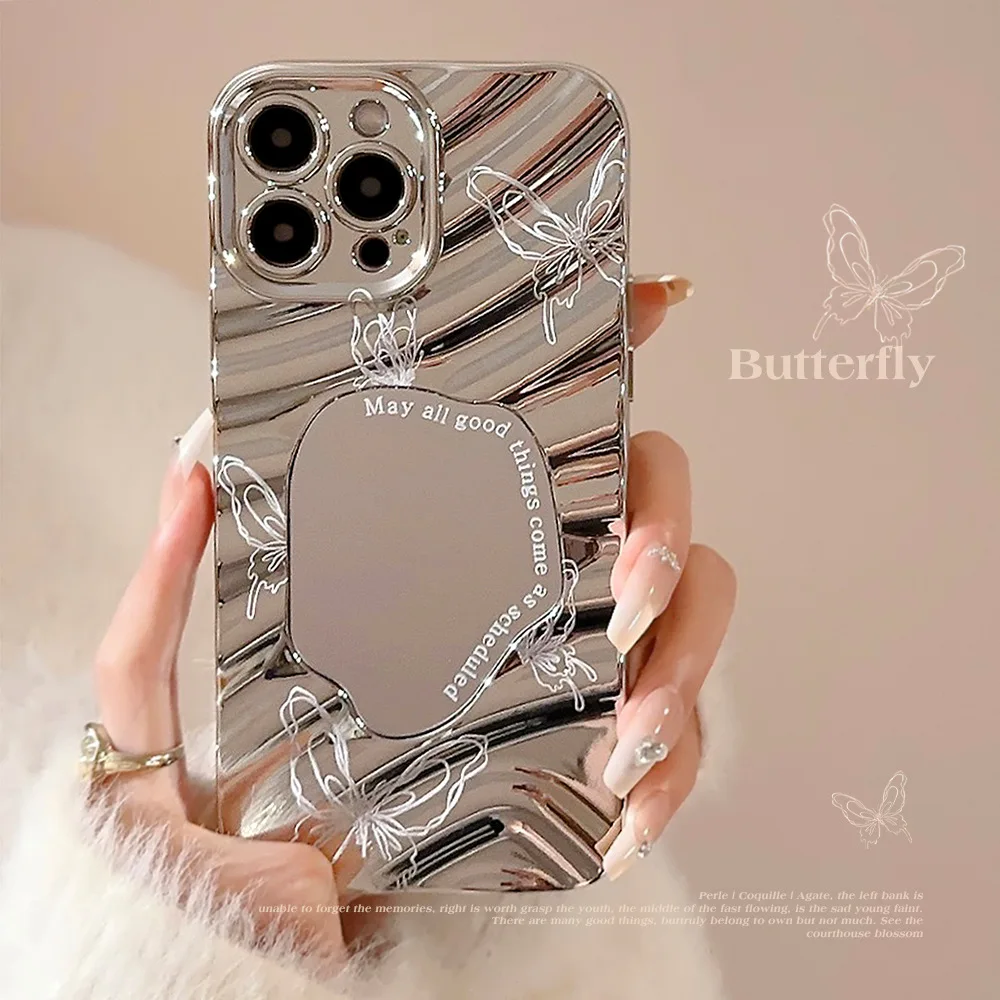 Luxury Silver Wavy Plating Make Up Mirror Phone Case For iPhone 17 16 15 14 13 12 11 Pro Max XS XR X 7 8 Plus Shockproof Cover
