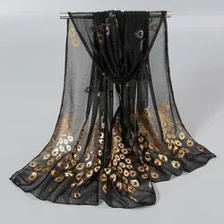 Summer Chiffon Long Scarf Georgette Neck Scarves Fashion Solid Hijab Scarf Glitter Thin Muffler Gold Peacock Print Wrap Shawl