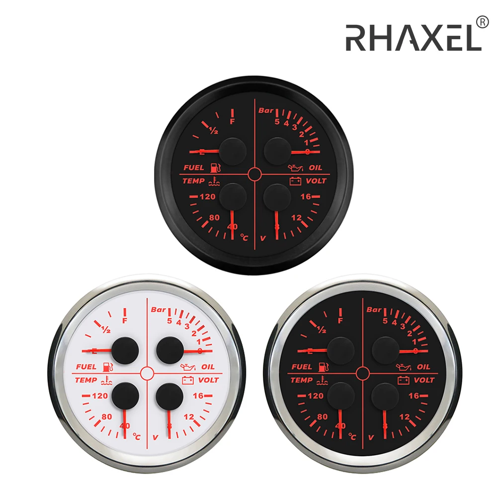 RHAXEL 85mm 4in1 Oil Pressure 0-80Psi 0-5/0-10Bar Fuel Level 0-190ohm 240-33ohm 100-250℉ Water Temp 12V Voltmeter for Car VAN