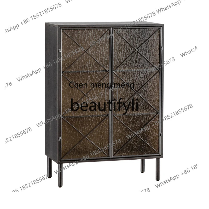 

Black retro wrought iron glass door living room small size sofa side cabinet tea, dining side locker H