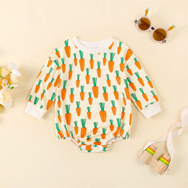 Baby Easter Casual Romper Infant Long Sleeve Carrot Bunny Print Sweatshirt Romper