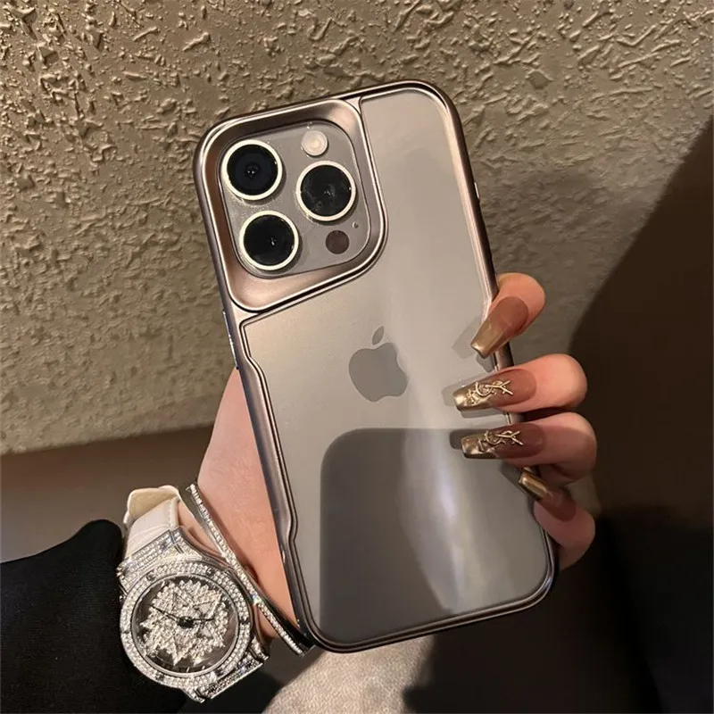 

Lovebay Metallic Frosted Plating Transparent Case For iPhone15 14 13 12 11 Pro 7 8 Plus XS XR Shockproof Soft Bumper Black Cover