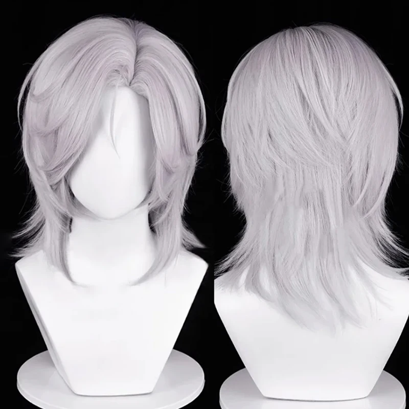 

Short Straight Synthetic Silvery White Wig Fluffy Men Anime Game Cosplay Heat Resistant Wig For Daily Party