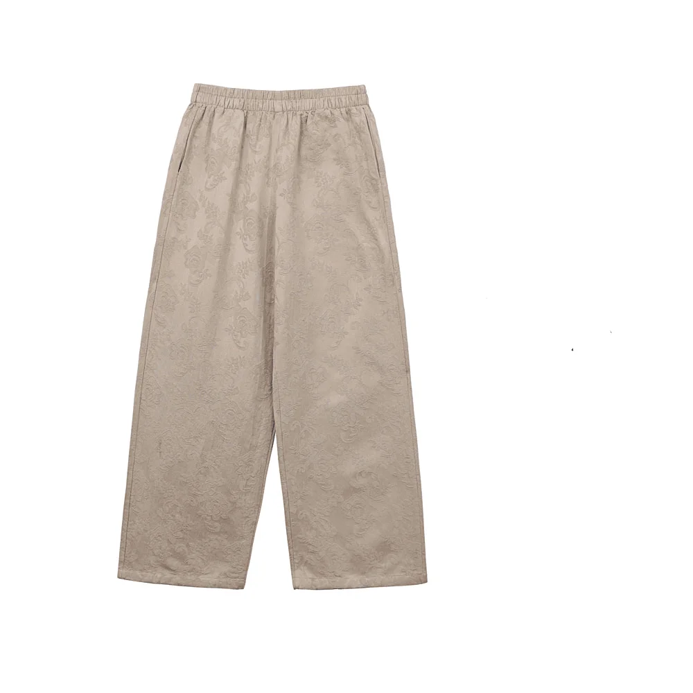 بنطلون نسائي طويل فضفاض متعدد الاستخدامات بخصر مرن، مصنوع من القطن والكتان بلون نقي مع تطريز، بتصميم مستقيم وواسع الساق، متوف...