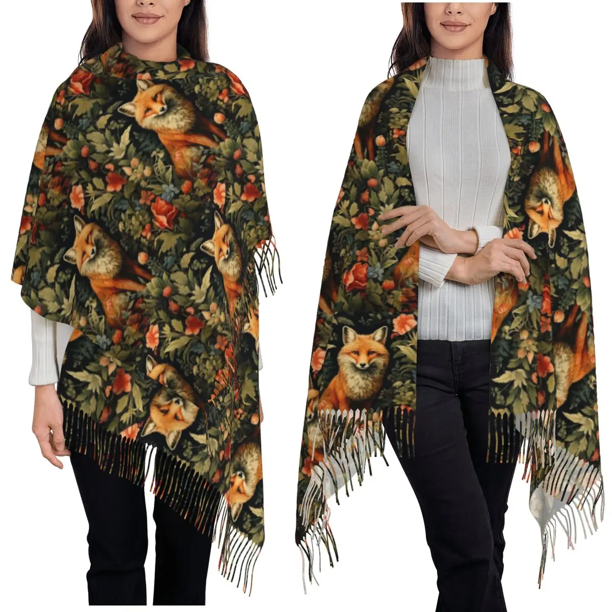 

The Story Of The Natural Dance Between Wild Foxes Scarf Tassel Scarves Women Warm Shawls and Wraps Long Fall Winter Shawl Wrap