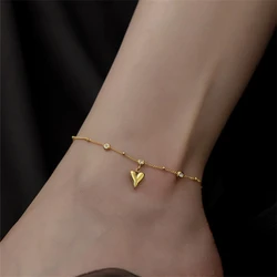 316L Stainless Steel Fashion High-end Jewelry Embedded Zircon Love Heart Ankle Ornaments Charm Beaded Chain Anklet For Women