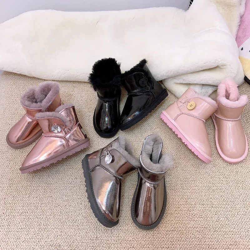

Зимние теплые шерстяные детские зимние сапоги для девочек, непромокаемые ботильоны из коровьей кожи для мальчиков, детская обувь из натуральной кожи, меховые сапоги