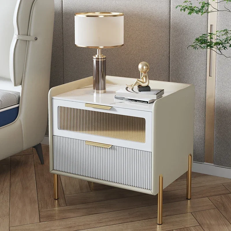 Solid Wood Stone Plate Bedside Table Modern Minimalist Storage Light Luxury Bedroom Bedside Small Storage Cabinet
