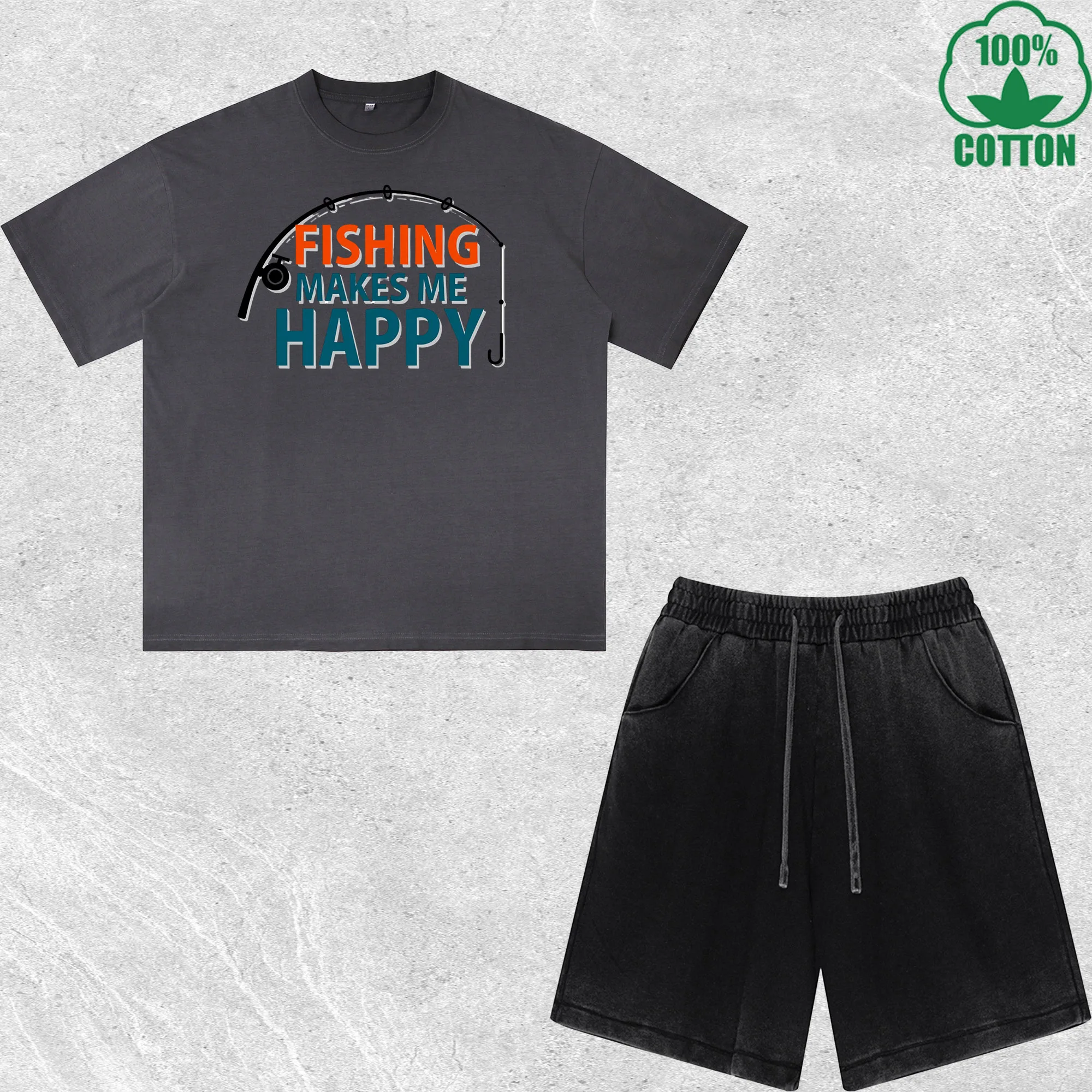 

Fishing Makes Printed Dirty Wash T-Shirt Shorts Set Multicolor Combo Loose Trendy Fashionable 100%Cotton