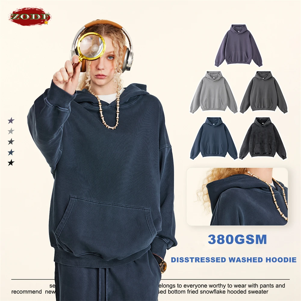 ZODF Retro Autumn Winter Washed Cotton Hoodies Unisex Loose 380gsm Knitted Sport Hooded Pullovers Brand Clothes HY0884