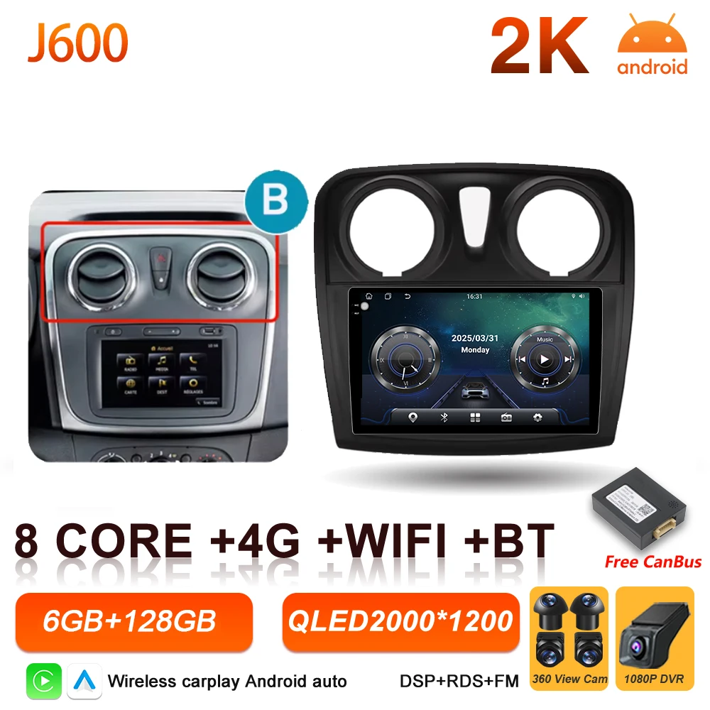 Android 16 Auto Autoradio voor Renault Logan Sandero 2 2012 - 2019 Draadloze Carplay Multimedia Speler GPS Navigatie DSP 5G Wifi