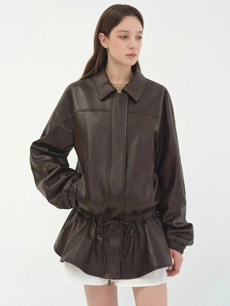 Elegante halflange lederen jassen voor dames lente herfst 2022, hoogwaardige eenvoudige vintage losse zachte echte schapenvacht jas