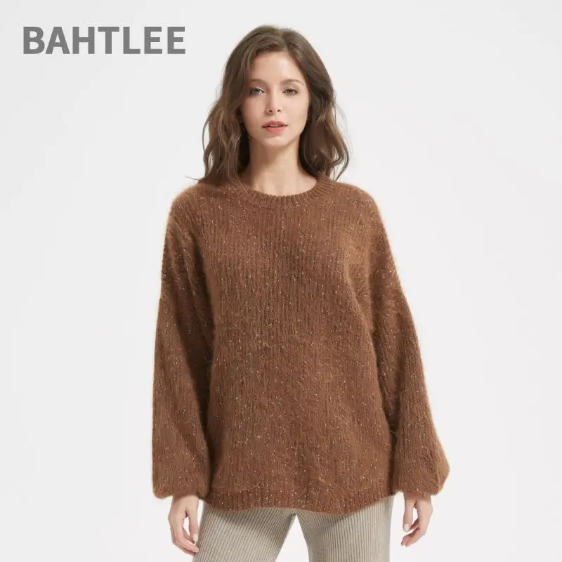 BAHTLEE-Women\'s Alpaca Wool Sweater, Long Sleeves, O-Neck, Knitted, Jacquard, Loose, Superfine, Winter