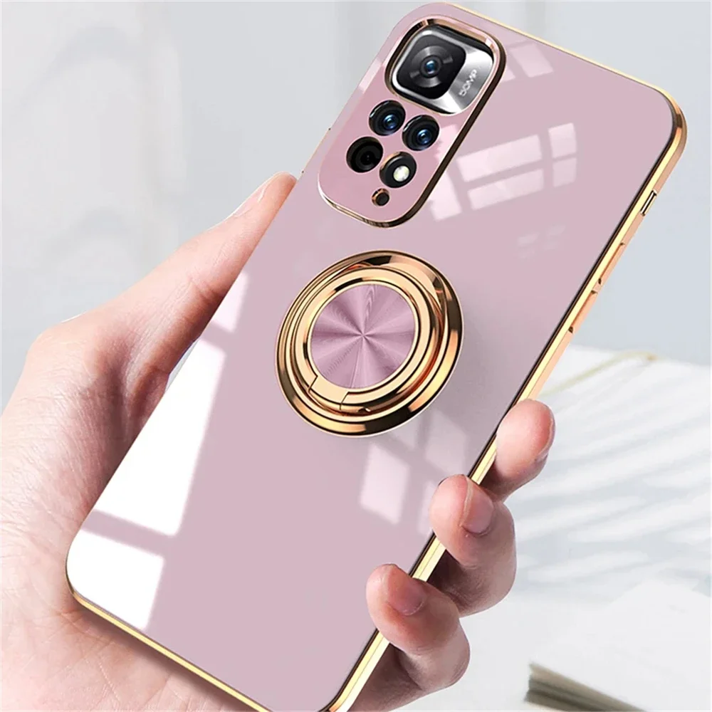 Houder Behuizing Licht Auto Magnetisch Voor Redmi Note 11S 10 Pro 10S Voor Poco M 5S M4 Pro 5G F4 Mi 11 Lite Golden Plating Siliconen Hoes