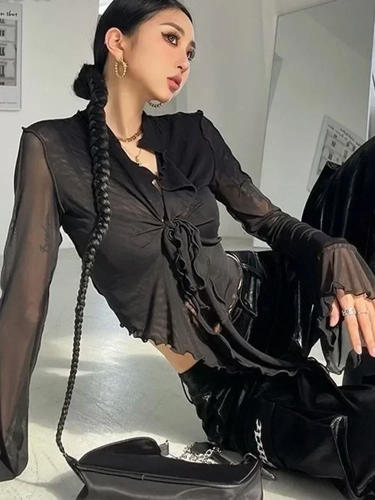 Women Long Sleeve Sexy Black Mesh Top New 2024 Spring Summer T Shirts Transparent Punk Club Streetwear Tees Ruffles Lace Up Tops