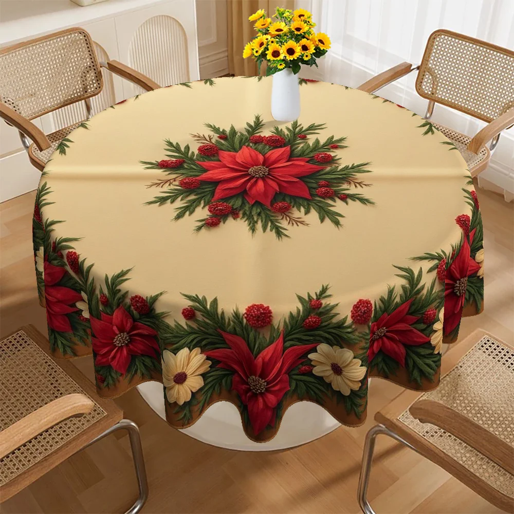 1 tablecloth, Christmas theme, with poinsettia and holly berry wreath pattern - round home decor tablecloth