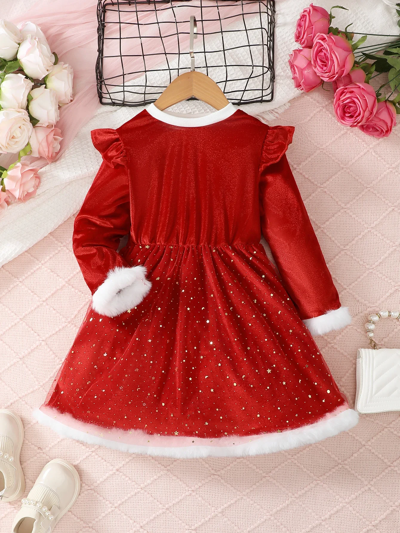 Christmas Dress for Kids Girls 4-7 Years Star Print Red Long Sleeves Dresses New Year Party Clothing Winter Daily Casual wear