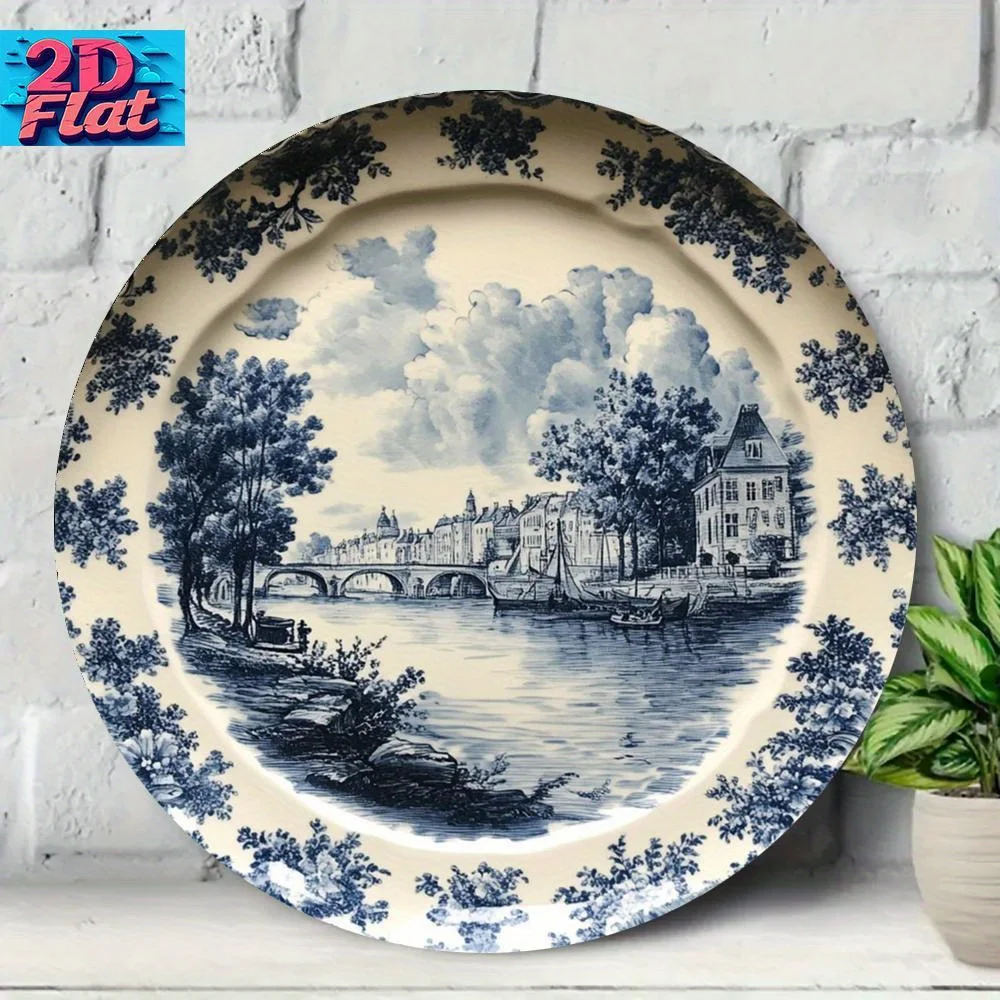 Hand Painted Blue White Riverside Town Metal Wall Art 8x8 Inch Round Plate With Bridge Boat Tree Indoor Outdoor Coastal Home Dec