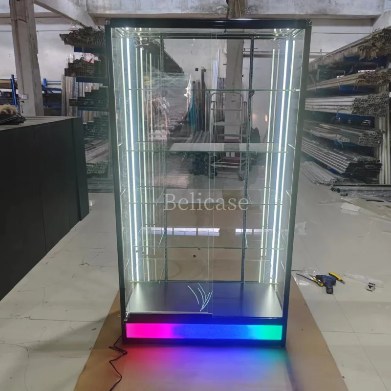 (Customized) retail convenience store & store display counter with colorful light tall flooring standing wall showcase smo