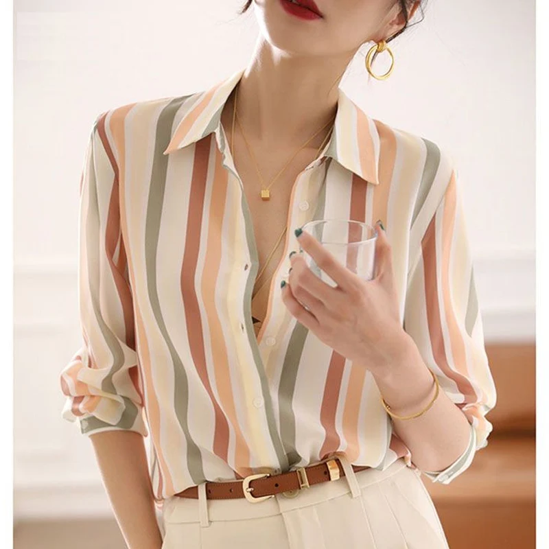 

2023 Spring Autumn New Fashion Striped POLO Collar Long Sleeve Shirt Women Korean Style Elegant Contrast Color All-match Blouse