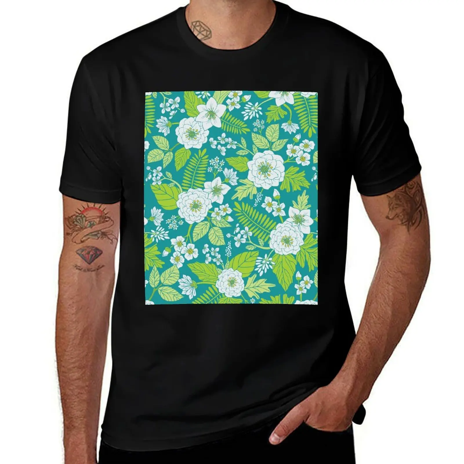 White, Lime Green, Teal, & Yellow Floral/Botanical Pattern T-Shirt vintage anime shirt heavyweight t shirts for men